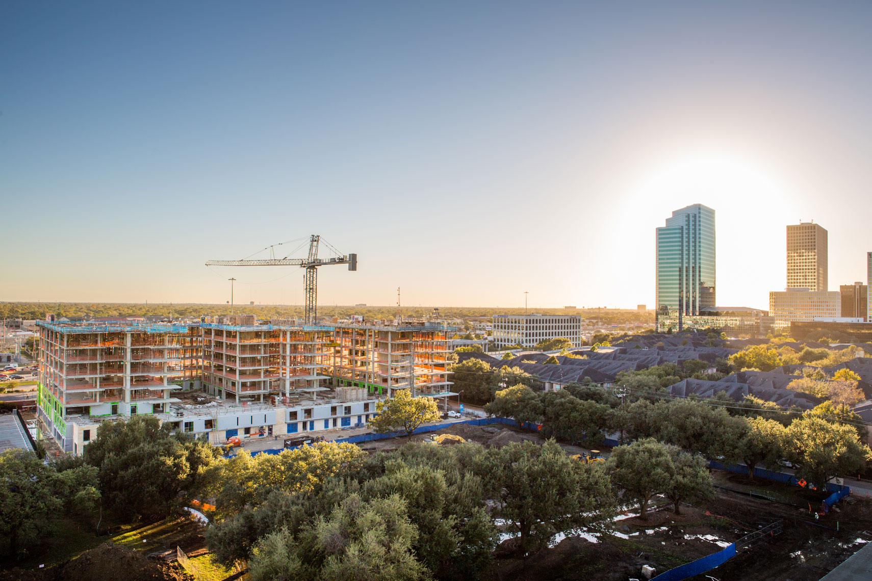 the best aerial drone photography of a construction site in the Upper Kirby District of Houston, Texas