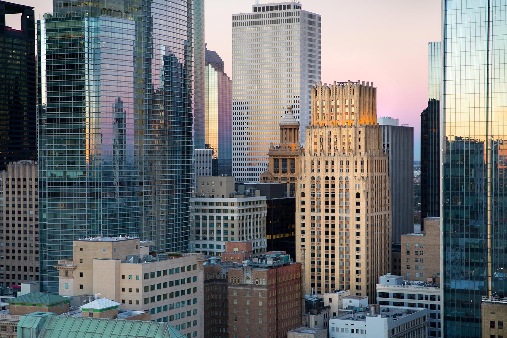 Downtown Houston Skyline at Sunrise by Houston Corporate Photographer Shannon O